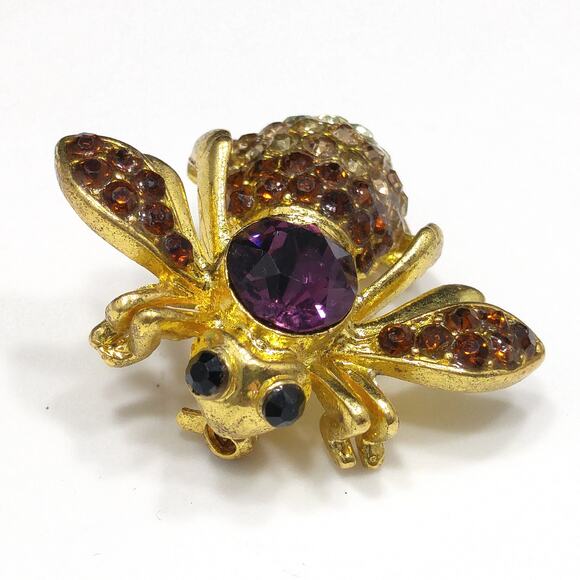 Vintage Bee Insect Rhinestone Brooch, Gold Plated, Unsigned Joan Rivers, 1990s - Picture 5 of 10
